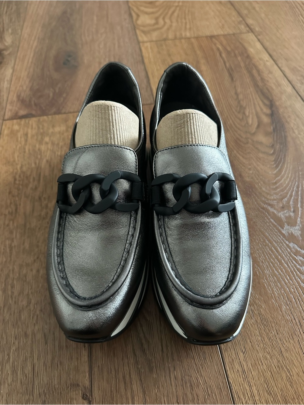 Metallic Silver Women’s Slip-On Loafers with Black Chain Accent